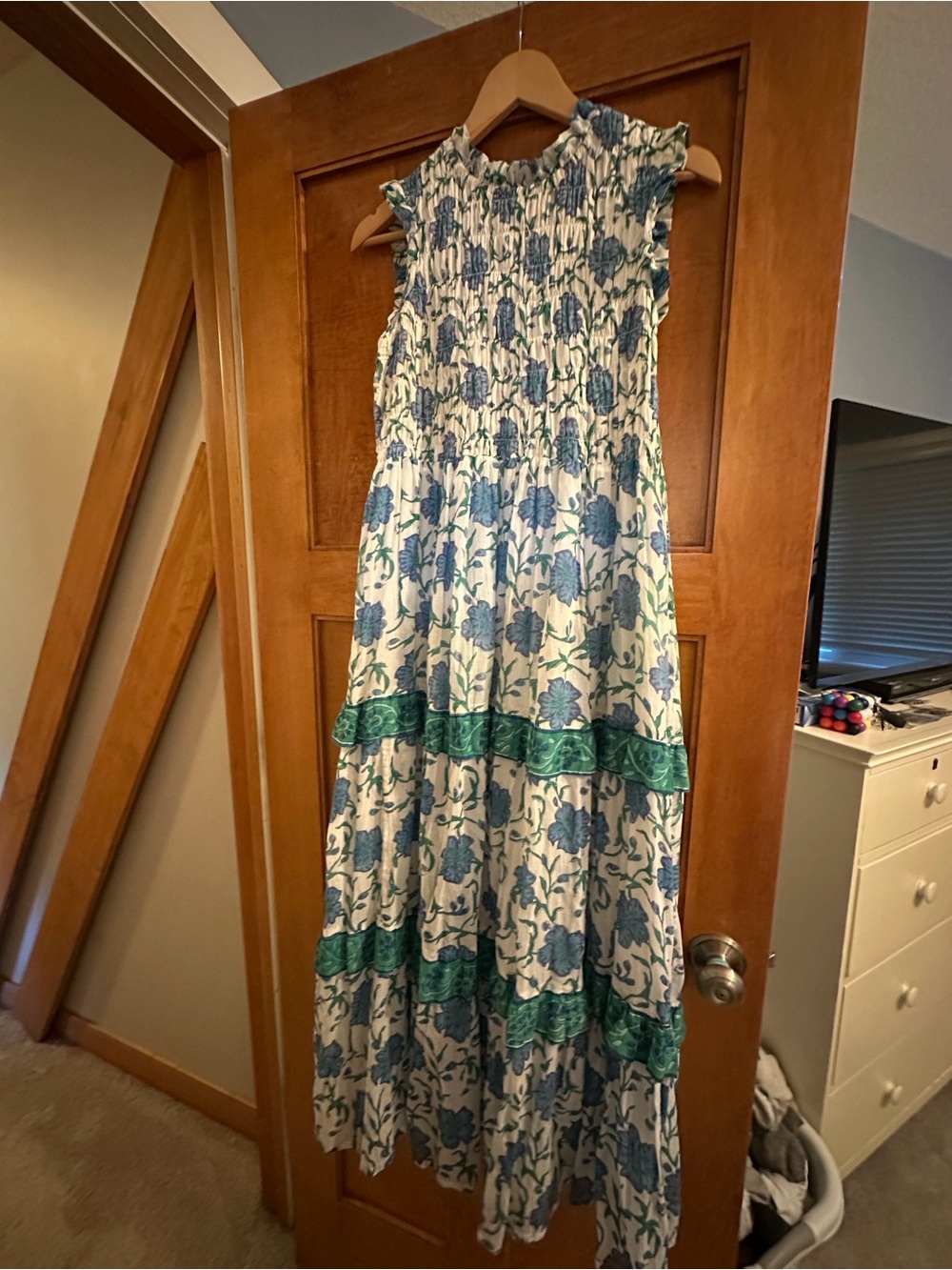 Women’s Blue and green Oliphant Floral Smocked Maxi Dress